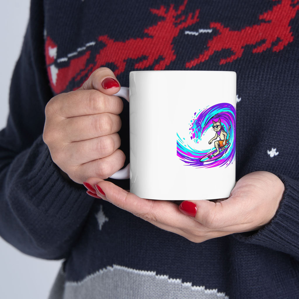 Surfing Cat Ceramic Mug — Colorful Wave Art Coffee Cup (11oz, 15oz)