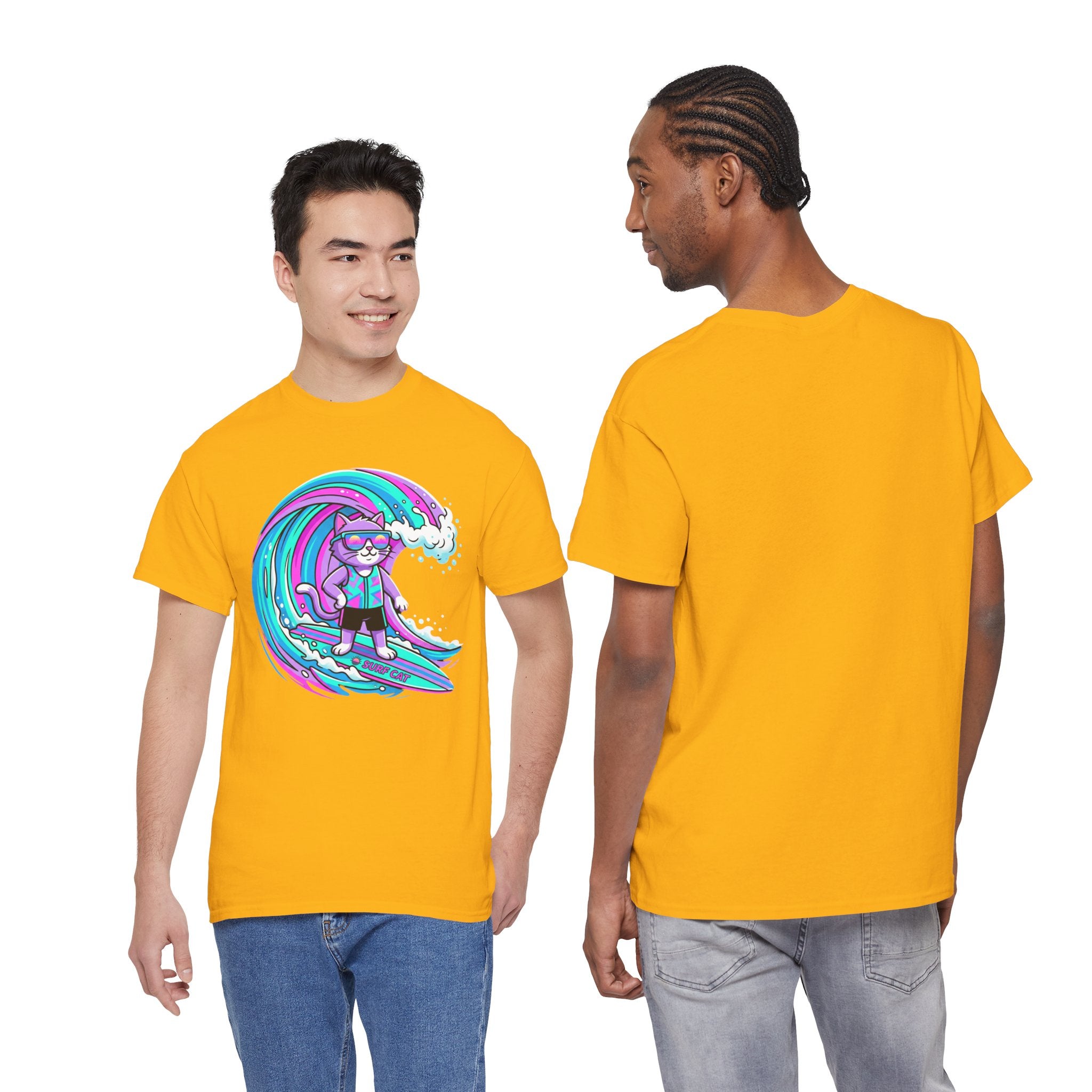 Surf Cat Graphic Tee — Neon Wave Surfing Cat Shirt