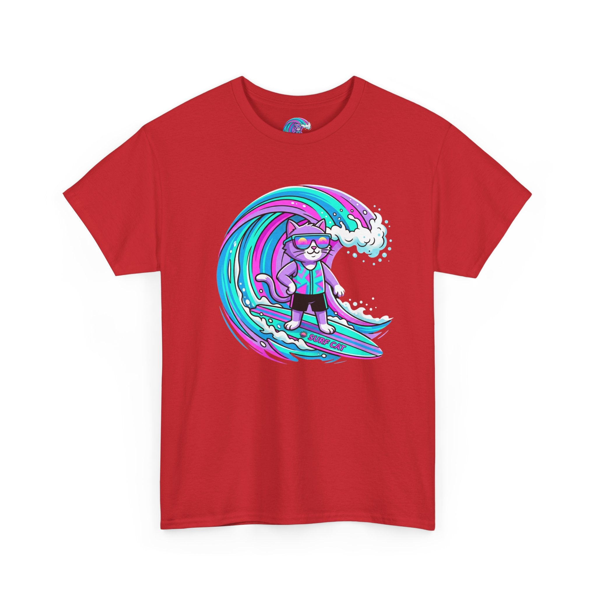 Surf Cat Graphic Tee — Neon Wave Surfing Cat Shirt