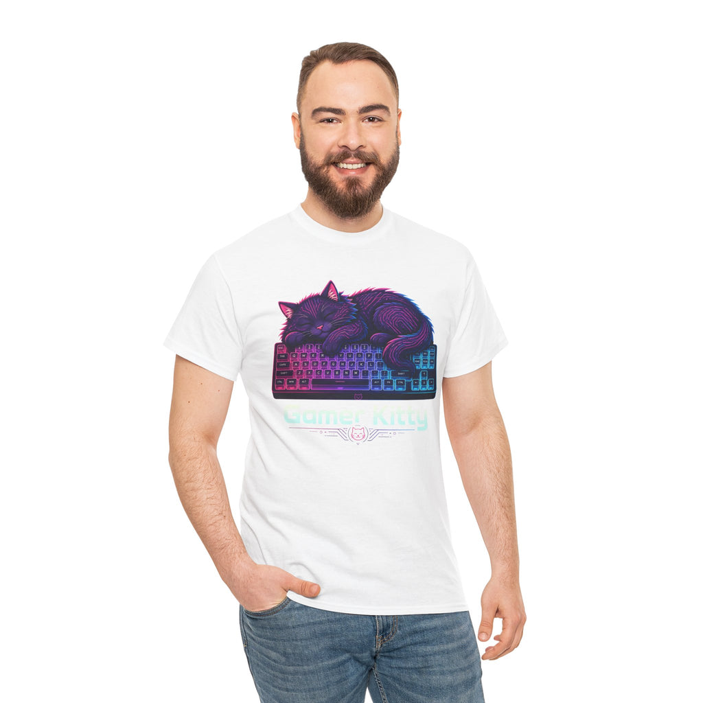 T-Shirt — Gamer Kitty Sleeping on Keyboard Retro Neon Graphic
