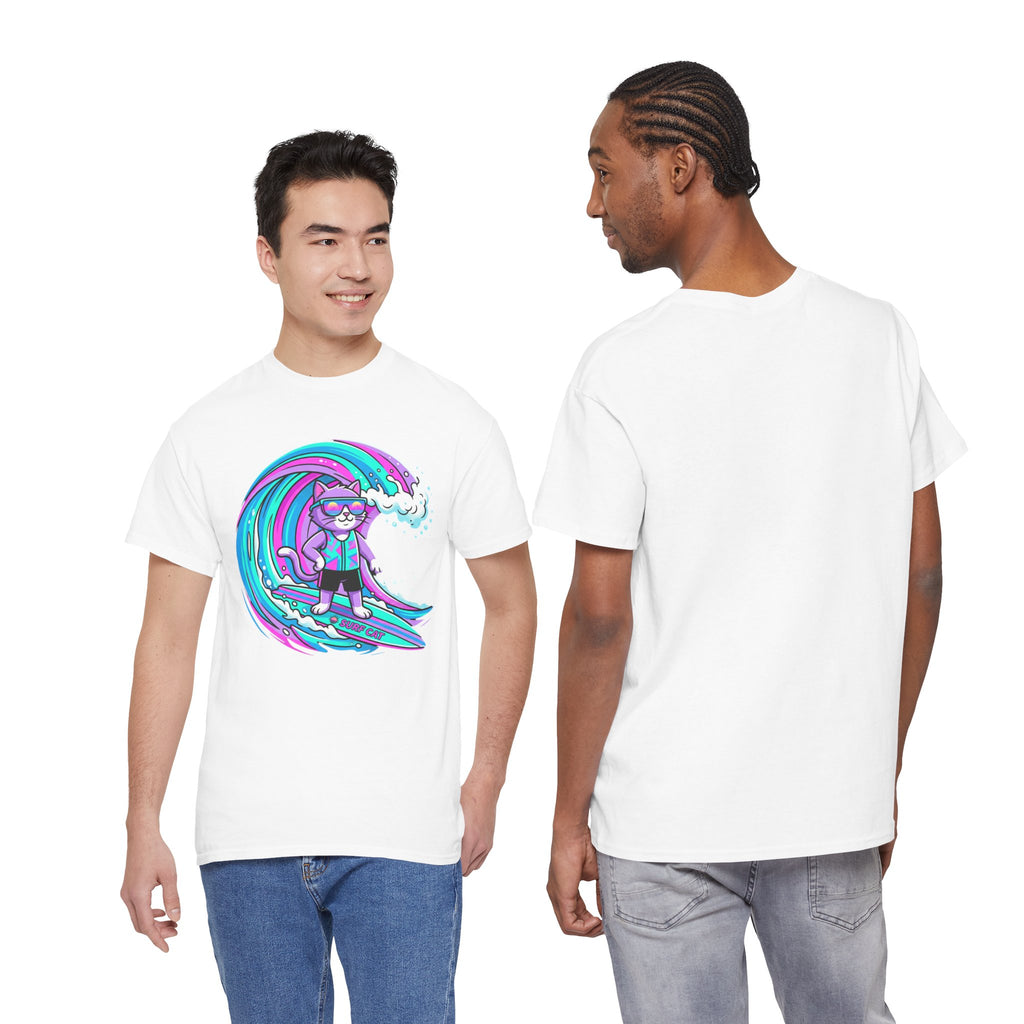 Surf Cat Graphic Tee — Neon Wave Surfing Cat Shirt