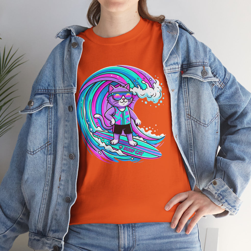 Surf Cat Graphic Tee — Neon Wave Surfing Cat Shirt