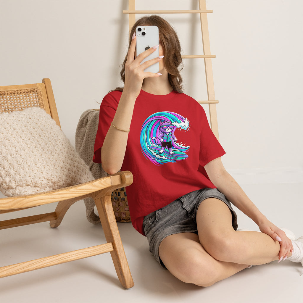 Surf Cat Graphic Tee — Neon Wave Surfing Cat Shirt