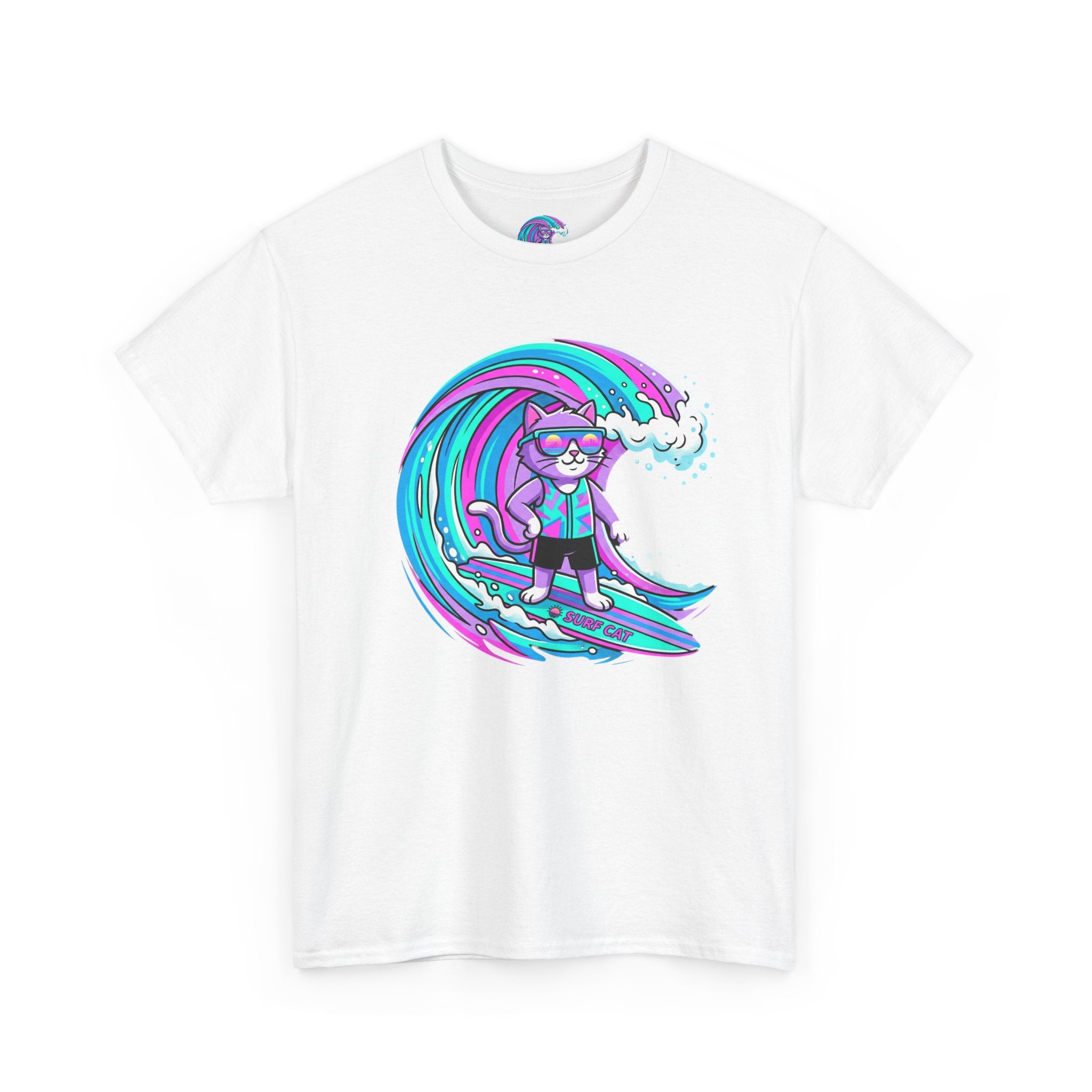 Surf Cat Graphic Tee — Neon Wave Surfing Cat Shirt