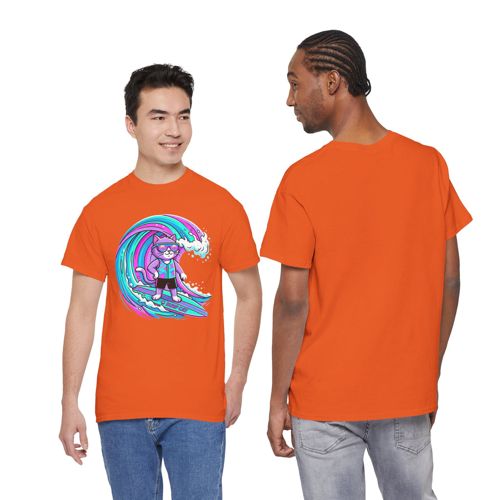 Surf Cat Graphic Tee — Neon Wave Surfing Cat Shirt