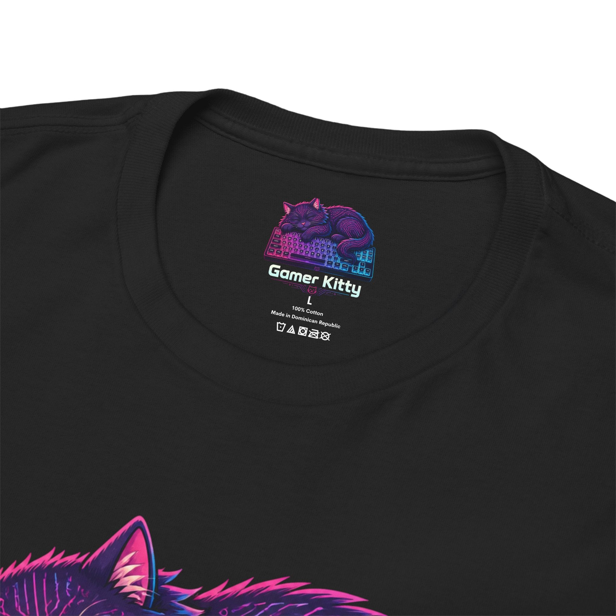 T-Shirt — Gamer Kitty Sleeping on Keyboard Retro Neon Graphic