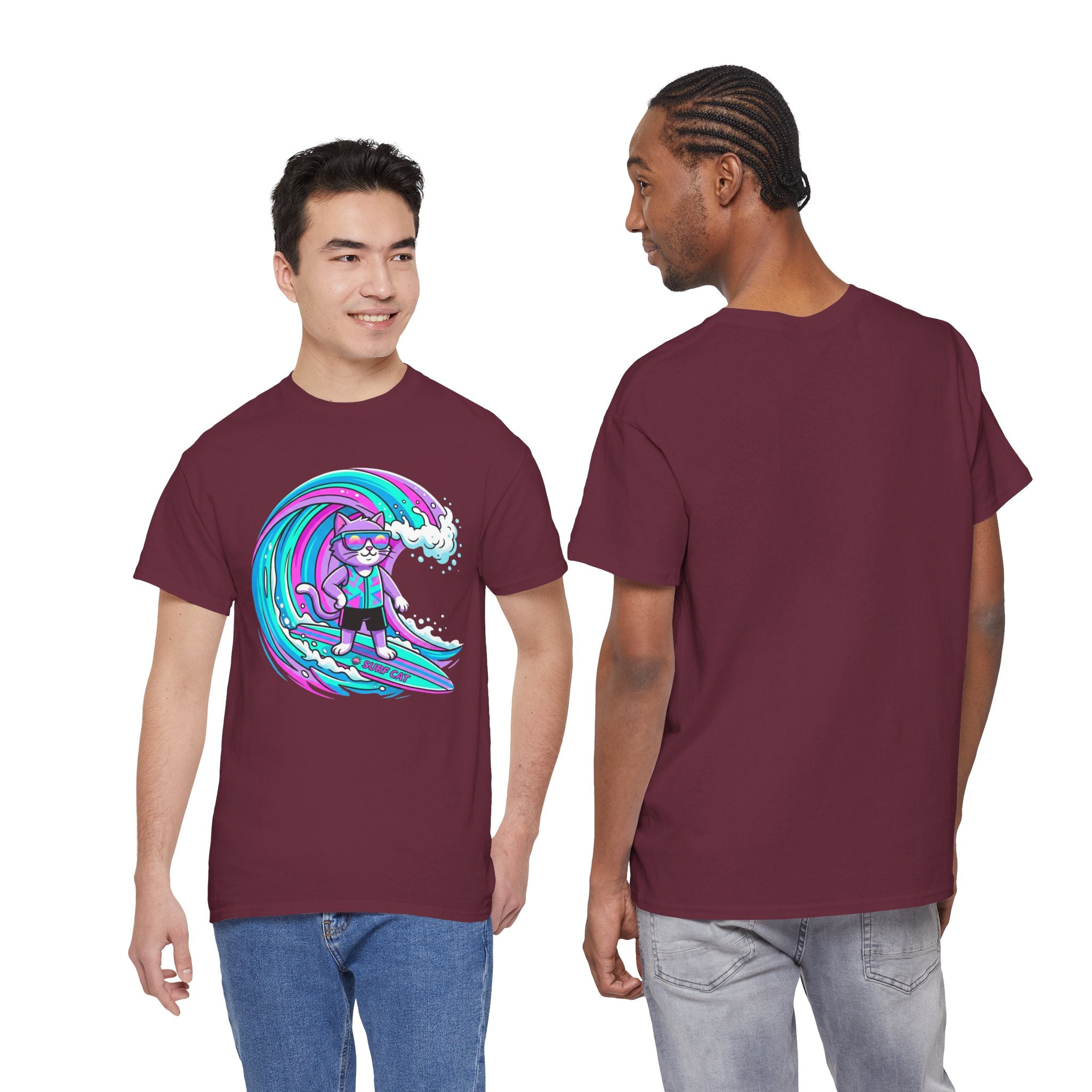 Surf Cat Graphic Tee — Neon Wave Surfing Cat Shirt