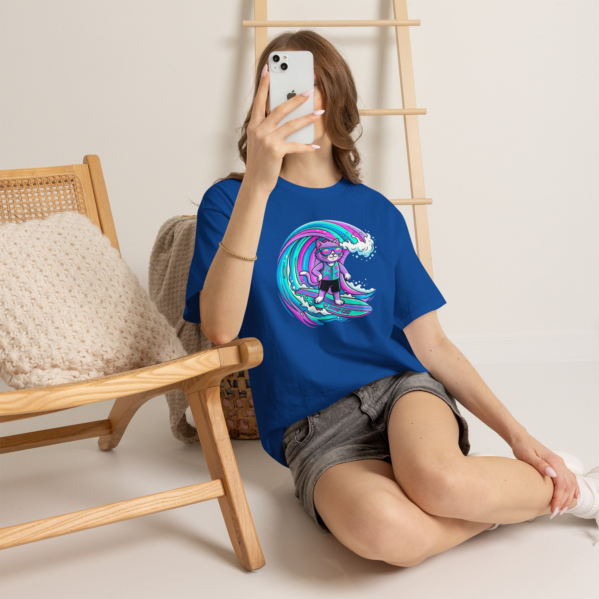 Surf Cat Graphic Tee — Neon Wave Surfing Cat Shirt