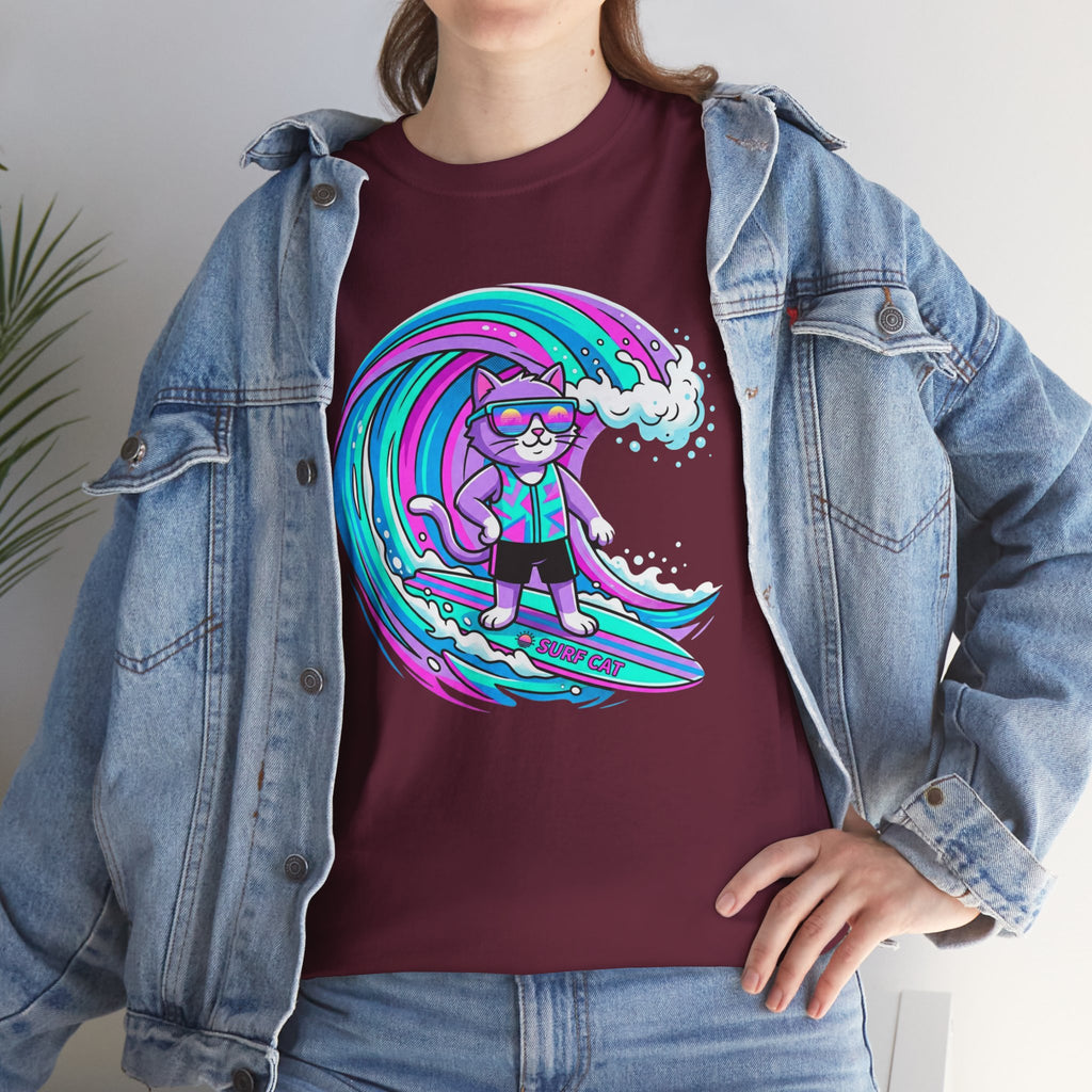 Surf Cat Graphic Tee — Neon Wave Surfing Cat Shirt