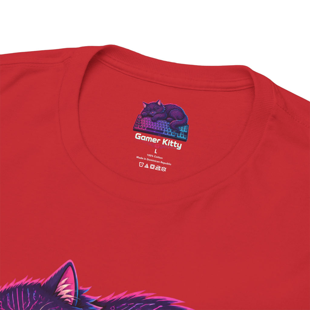 T-Shirt — Gamer Kitty Sleeping on Keyboard Retro Neon Graphic