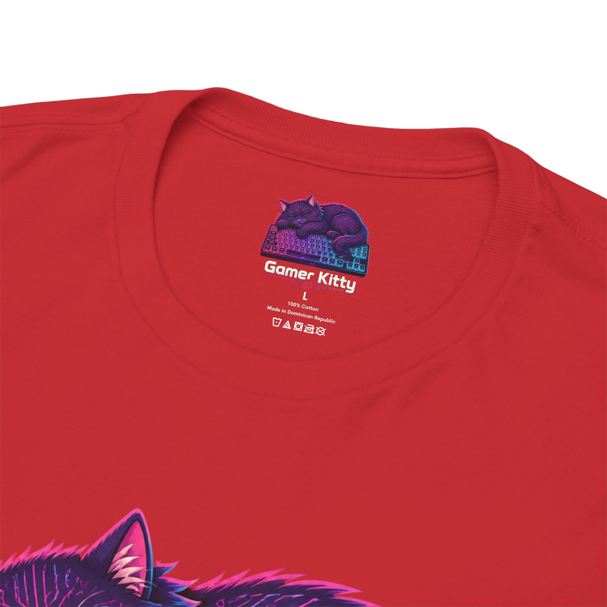 T-Shirt — Gamer Kitty Sleeping on Keyboard Retro Neon Graphic