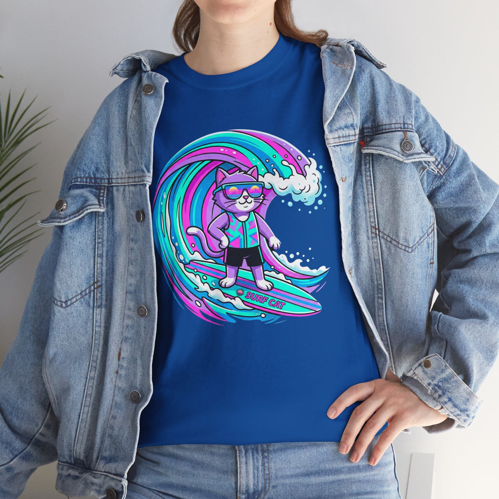 Surf Cat Graphic Tee — Neon Wave Surfing Cat Shirt