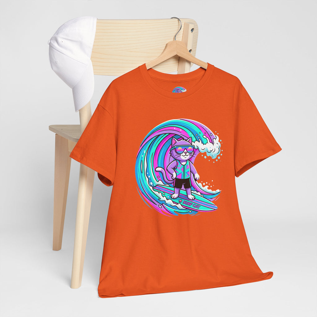 Surf Cat Graphic Tee — Neon Wave Surfing Cat Shirt