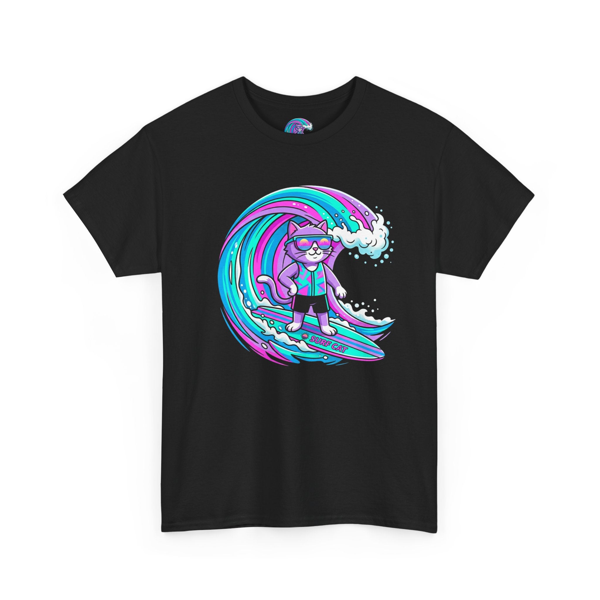 Surf Cat Graphic Tee — Neon Wave Surfing Cat Shirt