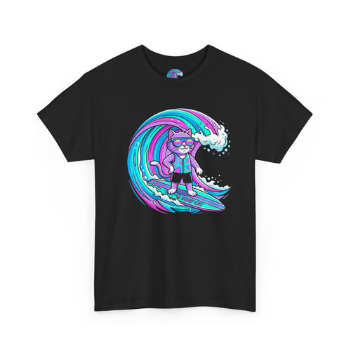 Surf Cat Graphic Tee — Neon Wave Surfing Cat Shirt