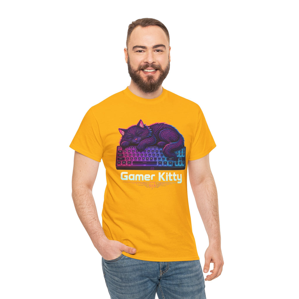T-Shirt — Gamer Kitty Sleeping on Keyboard Retro Neon Graphic