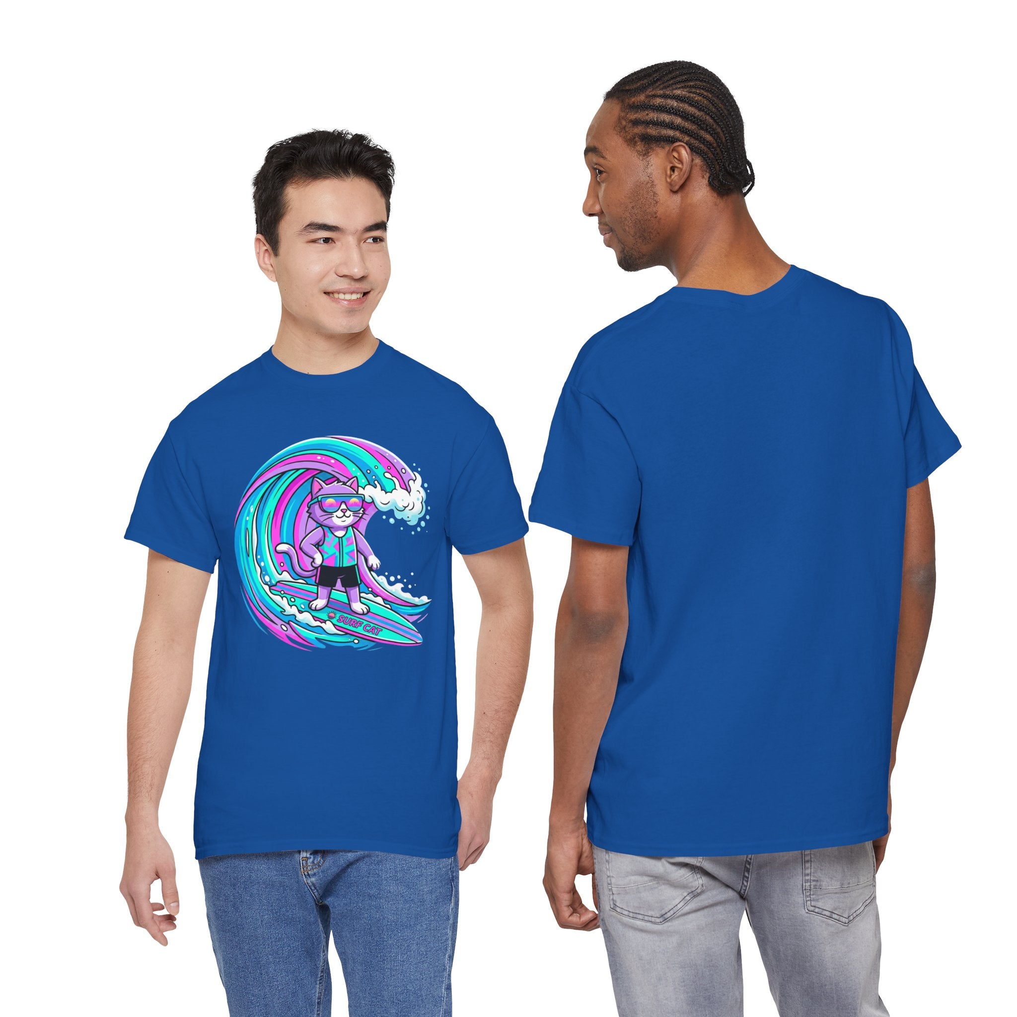 Surf Cat Graphic Tee — Neon Wave Surfing Cat Shirt
