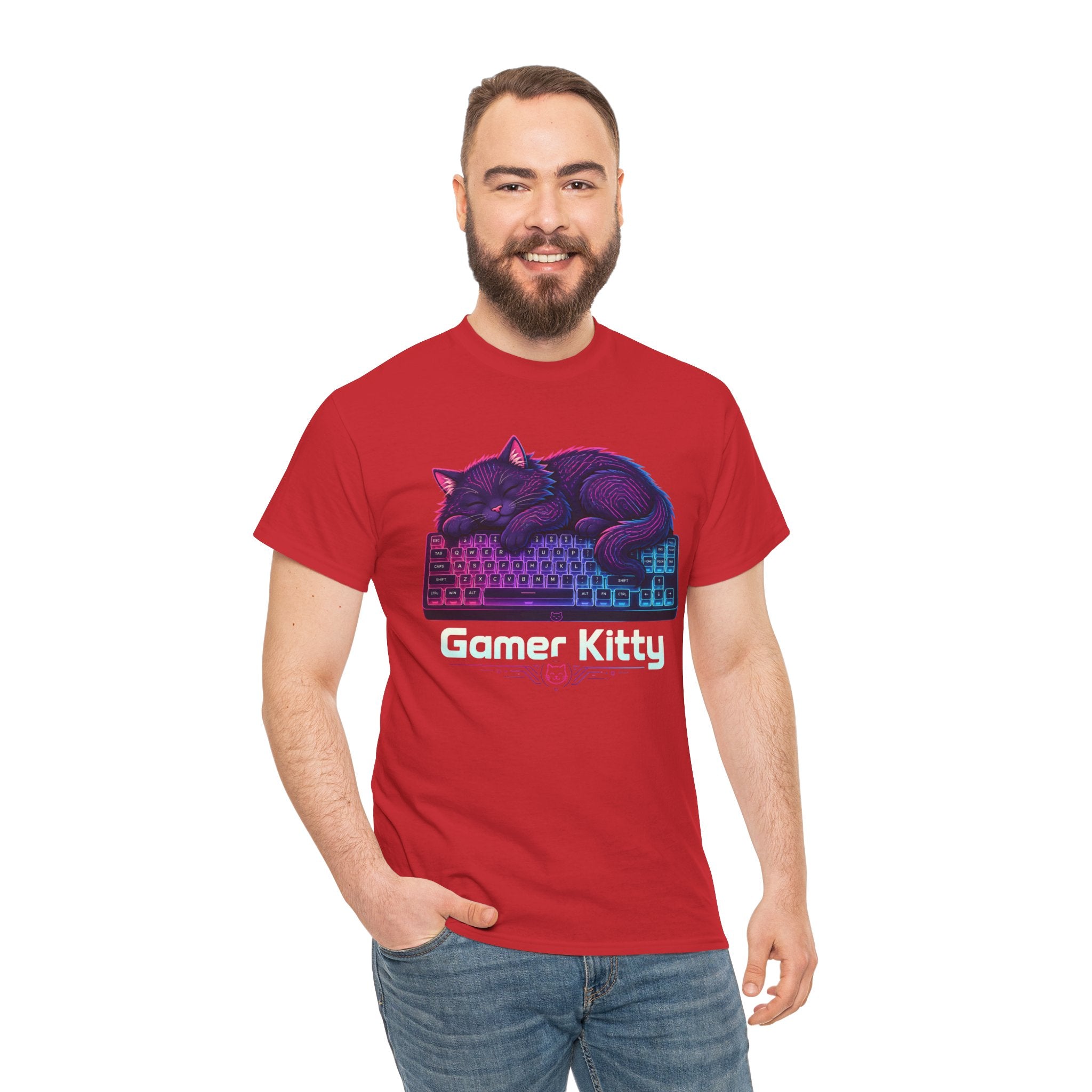 T-Shirt — Gamer Kitty Sleeping on Keyboard Retro Neon Graphic