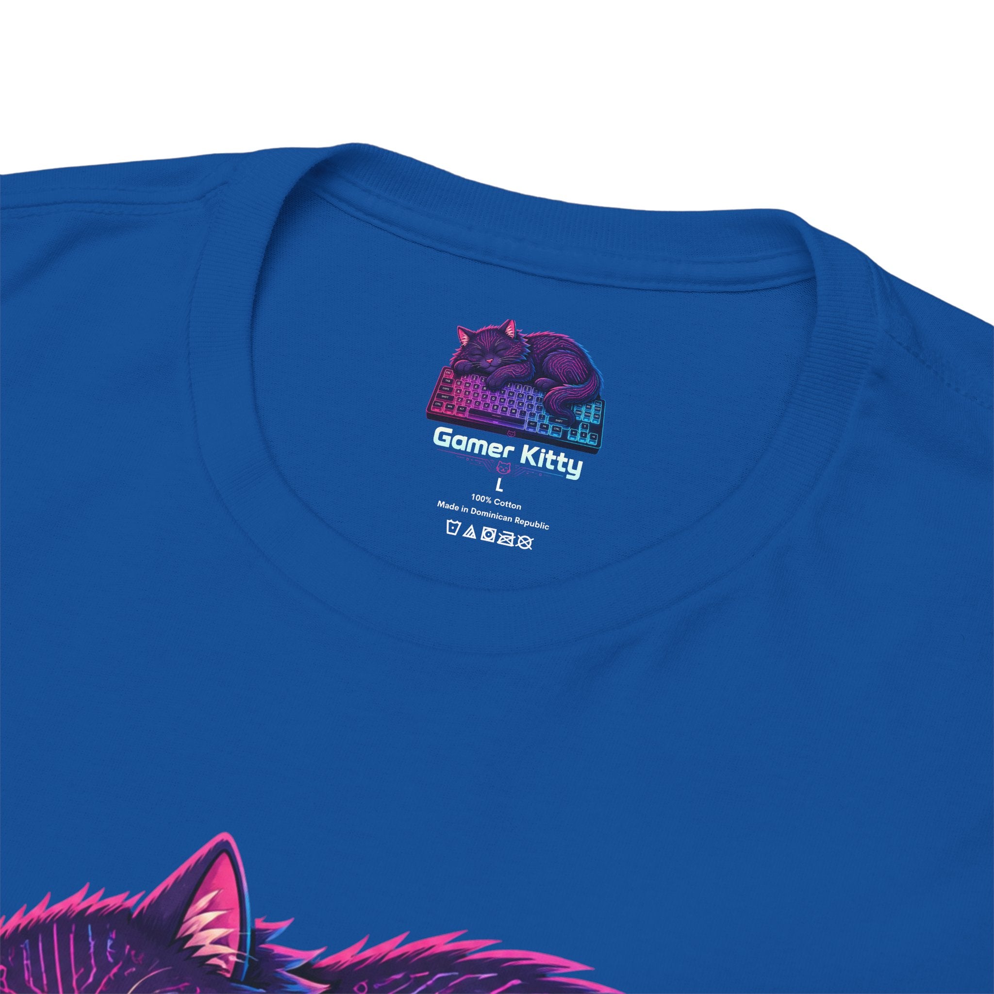 T-Shirt — Gamer Kitty Sleeping on Keyboard Retro Neon Graphic