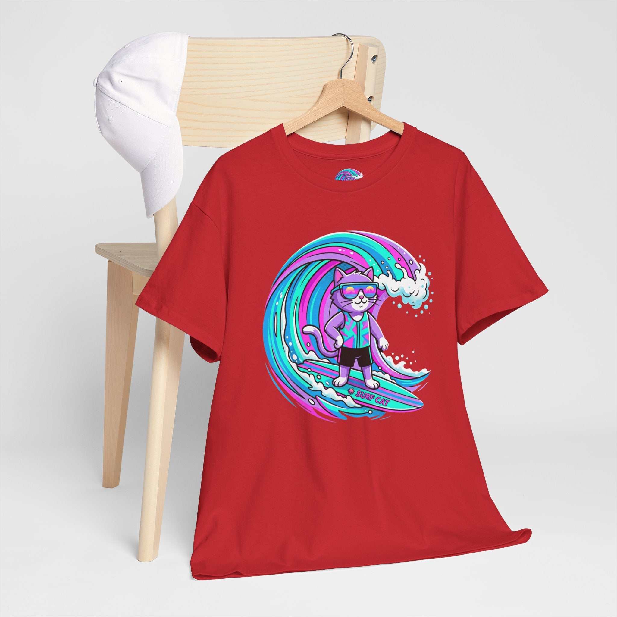 Surf Cat Graphic Tee — Neon Wave Surfing Cat Shirt