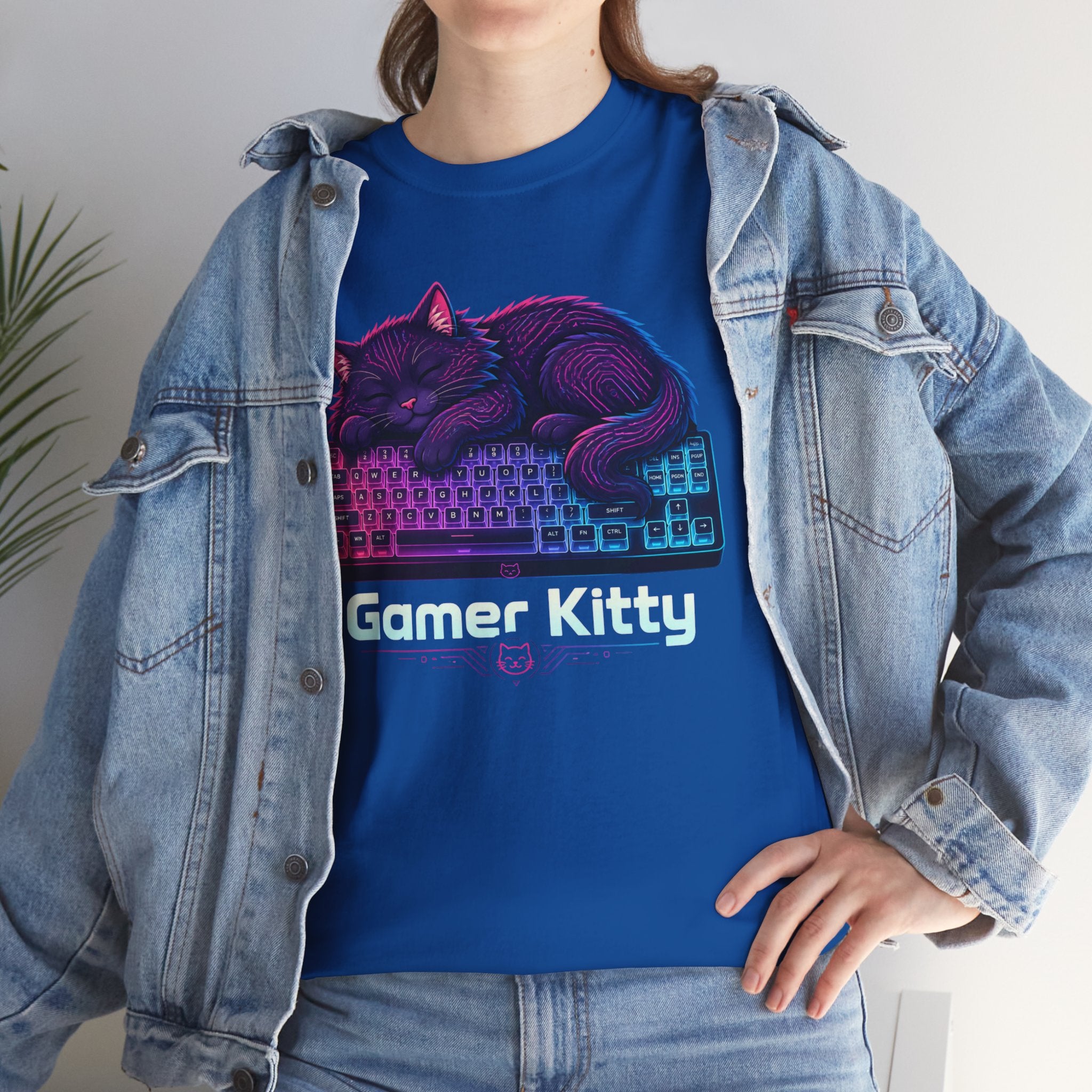 T-Shirt — Gamer Kitty Sleeping on Keyboard Retro Neon Graphic