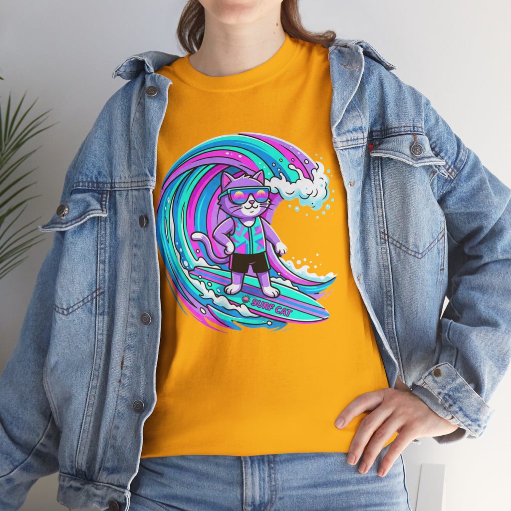 Surf Cat Graphic Tee — Neon Wave Surfing Cat Shirt