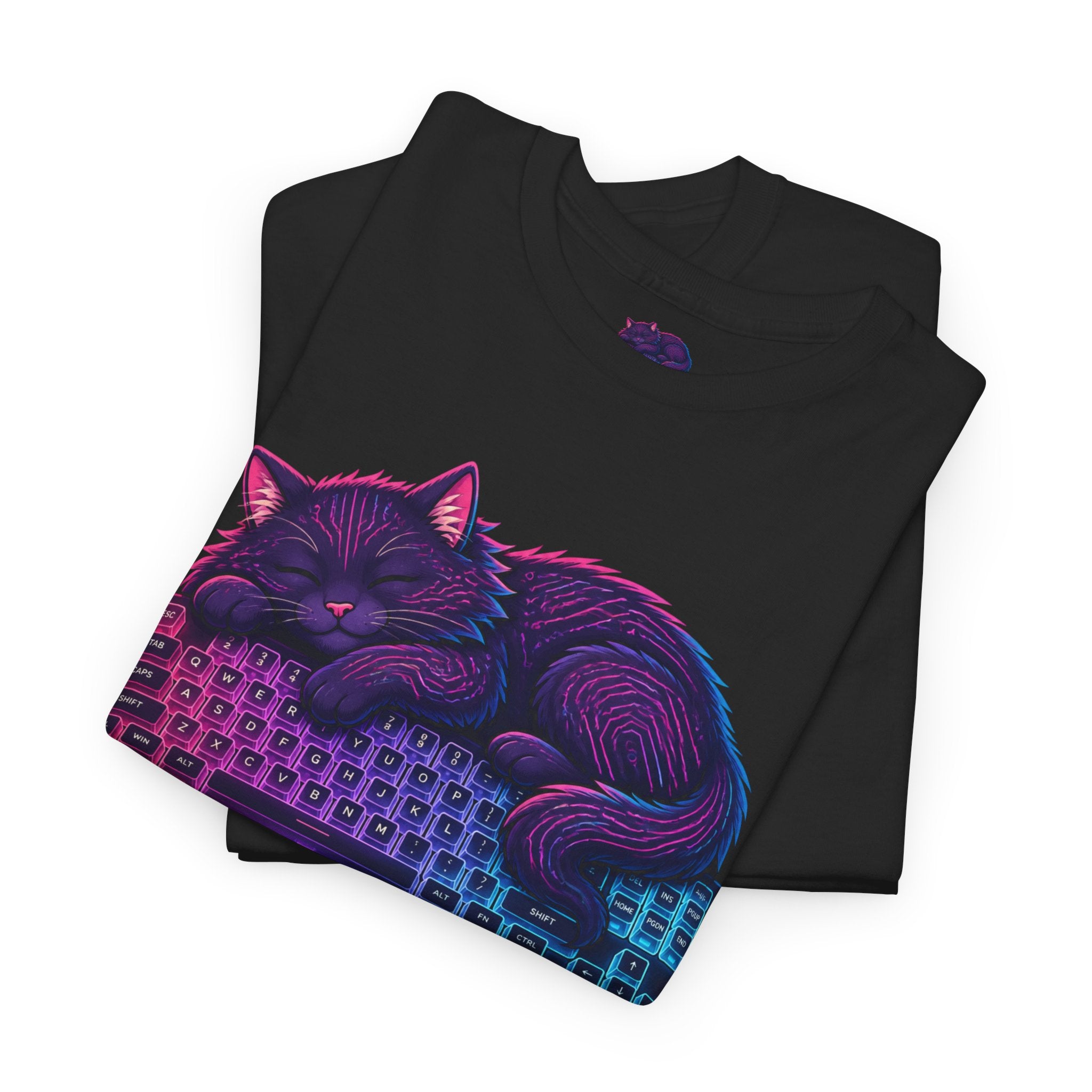 T-Shirt — Gamer Kitty Sleeping on Keyboard Retro Neon Graphic