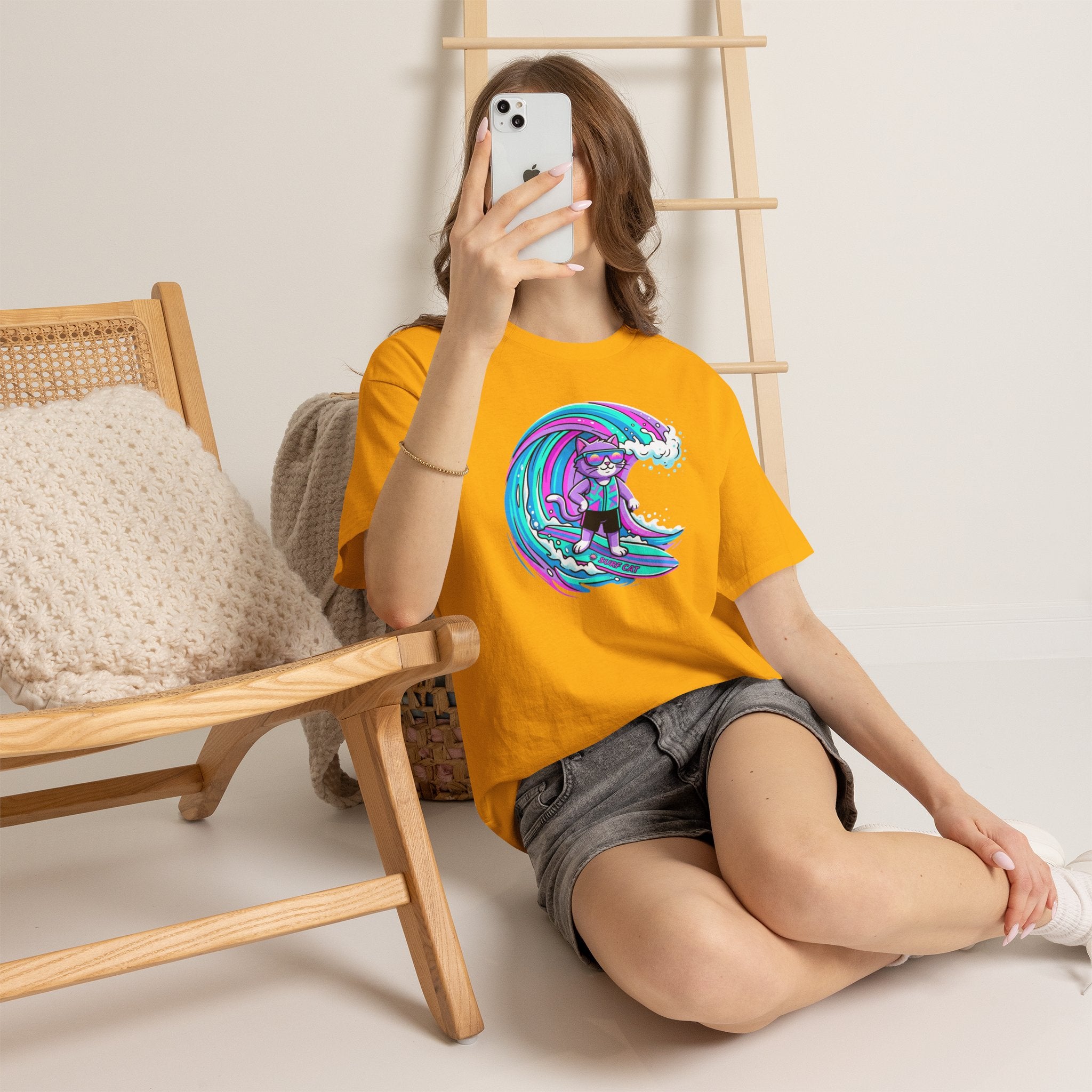 Surf Cat Graphic Tee — Neon Wave Surfing Cat Shirt