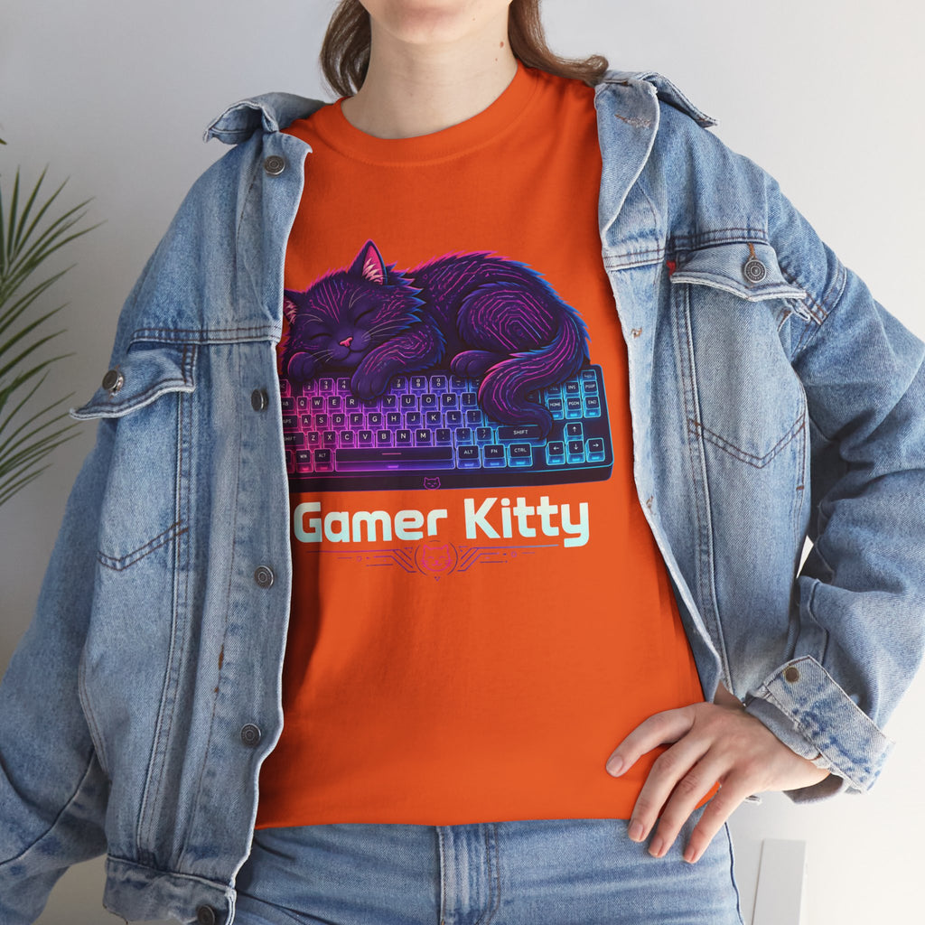 T-Shirt — Gamer Kitty Sleeping on Keyboard Retro Neon Graphic