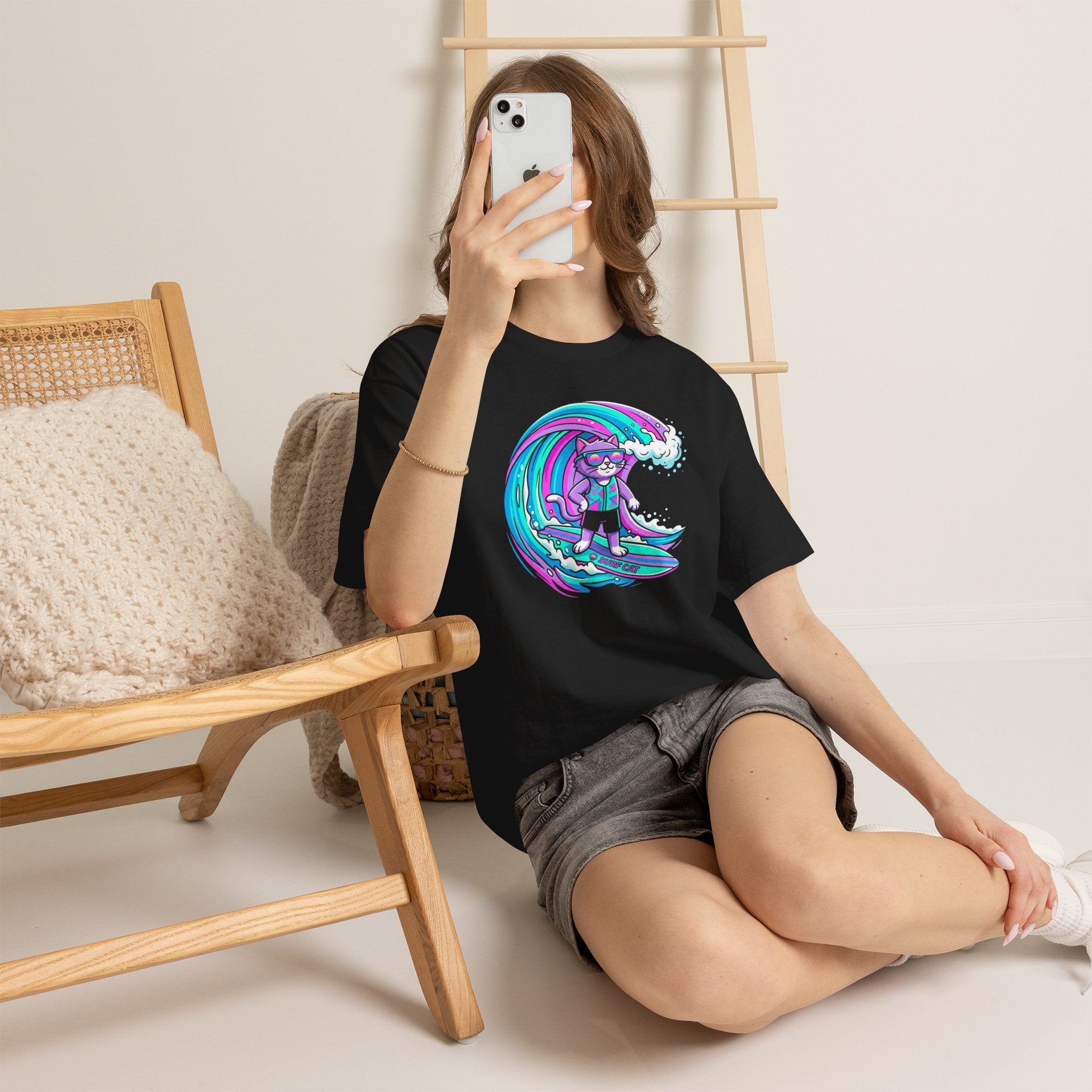 Surf Cat Graphic Tee — Neon Wave Surfing Cat Shirt