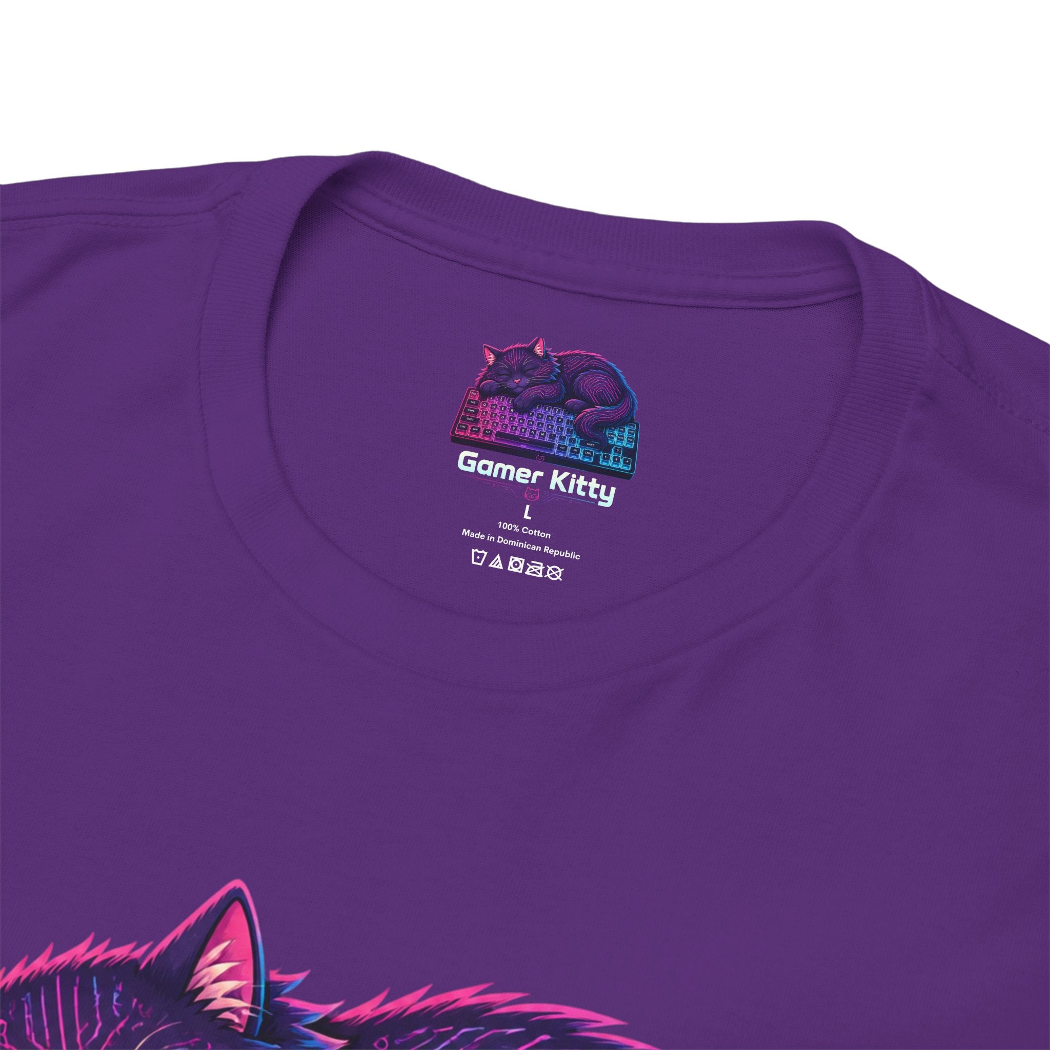 T-Shirt — Gamer Kitty Sleeping on Keyboard Retro Neon Graphic