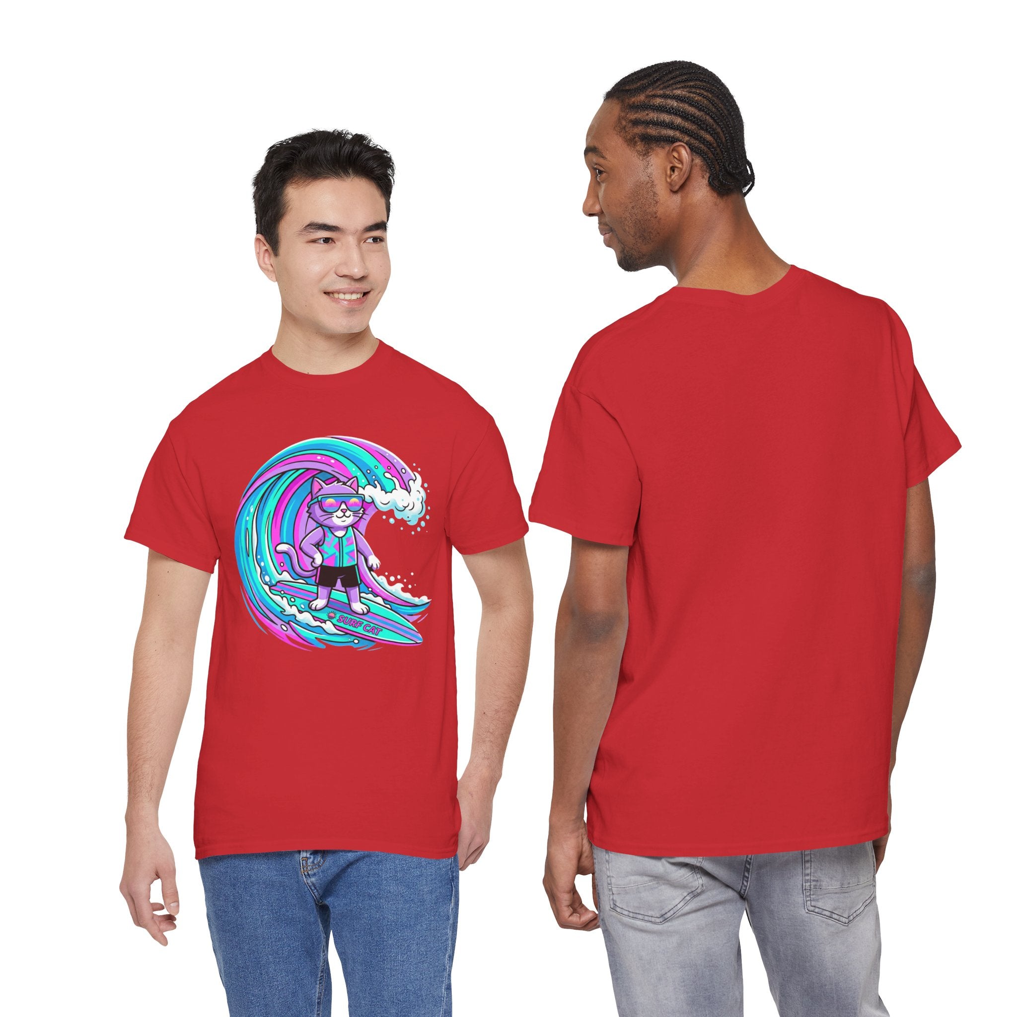 Surf Cat Graphic Tee — Neon Wave Surfing Cat Shirt