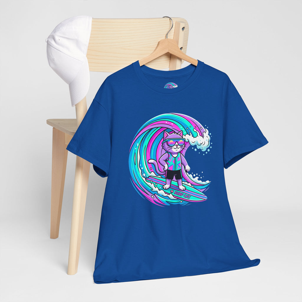 Surf Cat Graphic Tee — Neon Wave Surfing Cat Shirt
