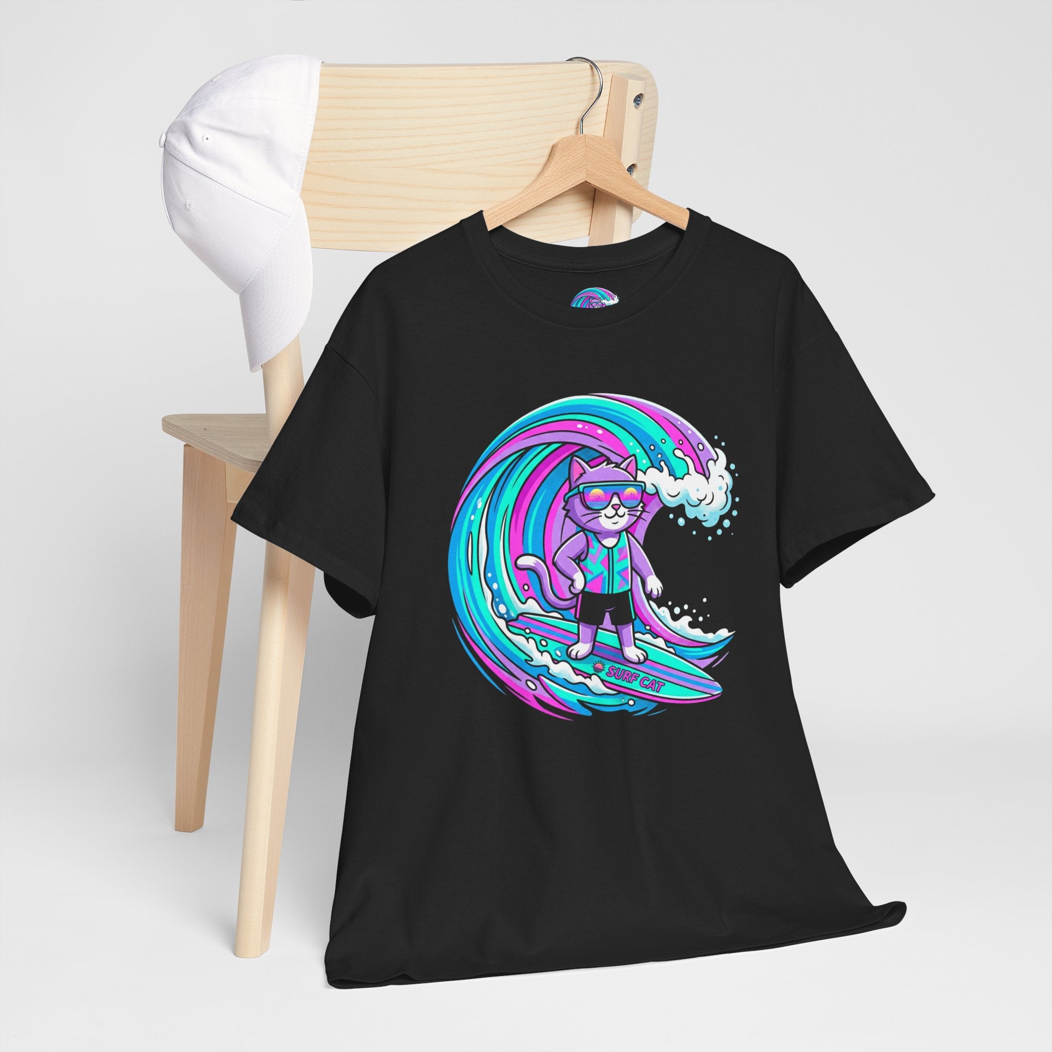 Surf Cat Graphic Tee — Neon Wave Surfing Cat Shirt