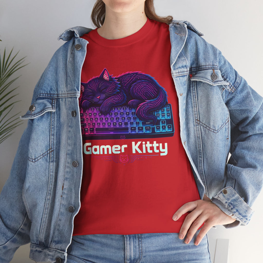 T-Shirt — Gamer Kitty Sleeping on Keyboard Retro Neon Graphic