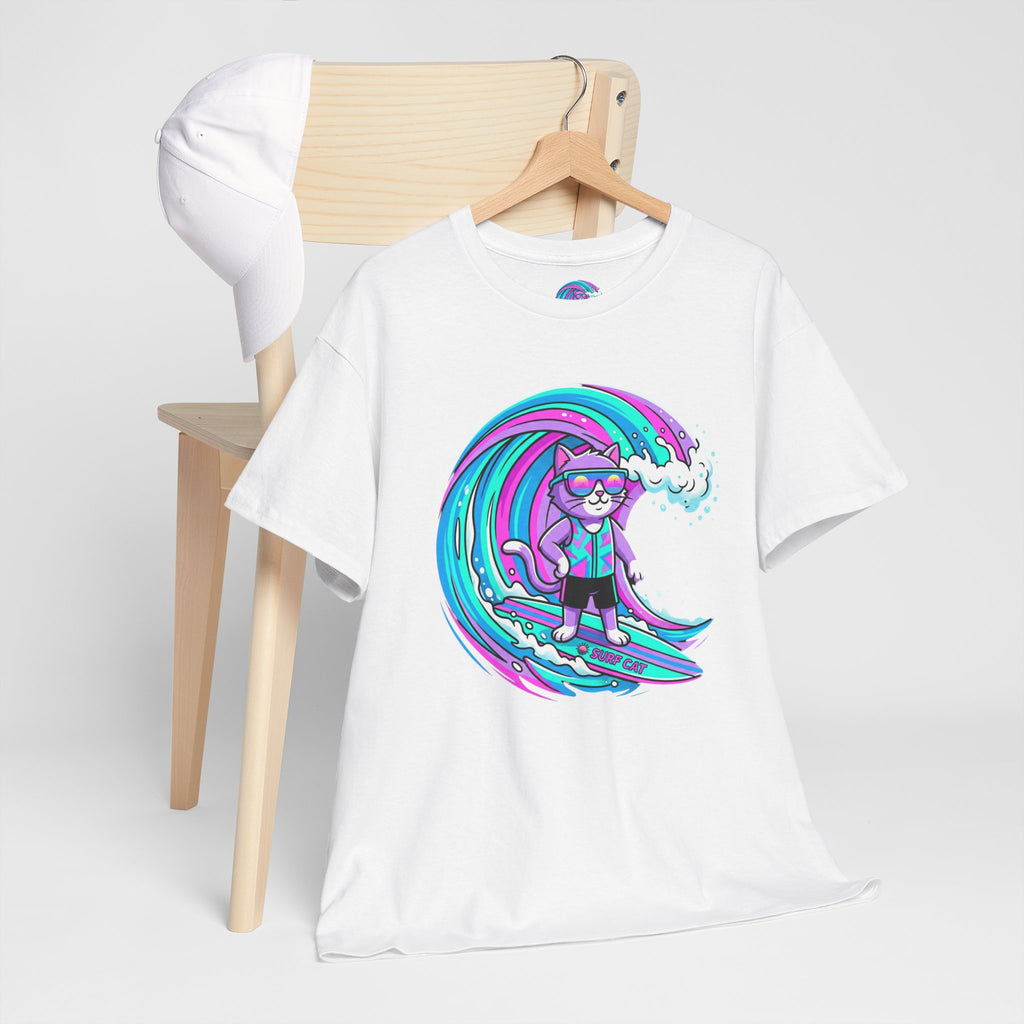 Surf Cat Graphic Tee — Neon Wave Surfing Cat Shirt