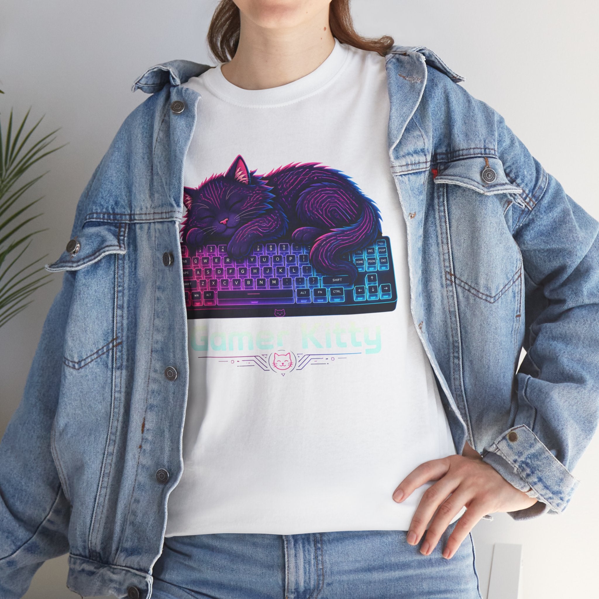 T-Shirt — Gamer Kitty Sleeping on Keyboard Retro Neon Graphic