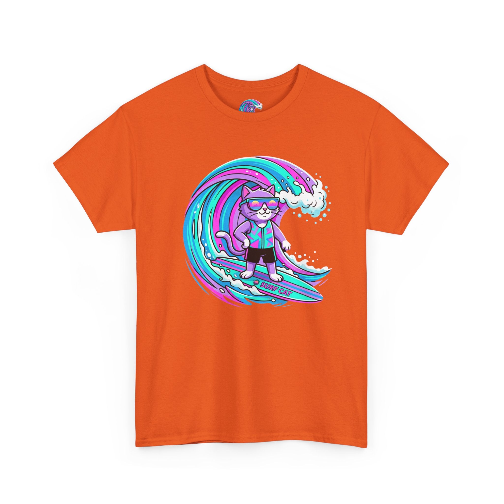 Surf Cat Graphic Tee — Neon Wave Surfing Cat Shirt