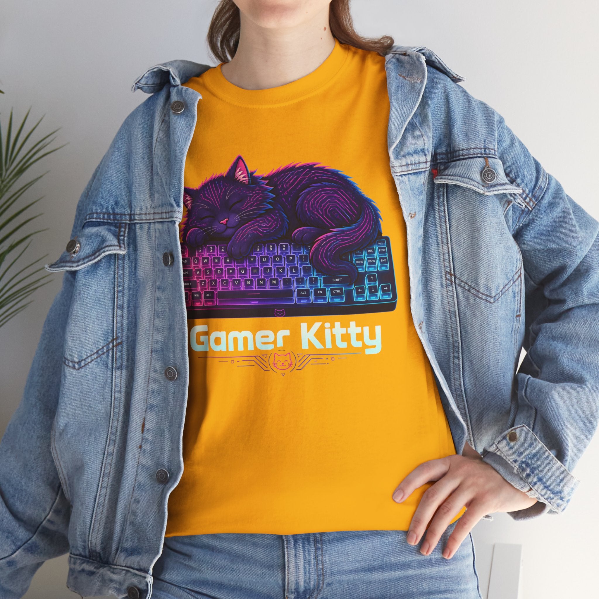 T-Shirt — Gamer Kitty Sleeping on Keyboard Retro Neon Graphic