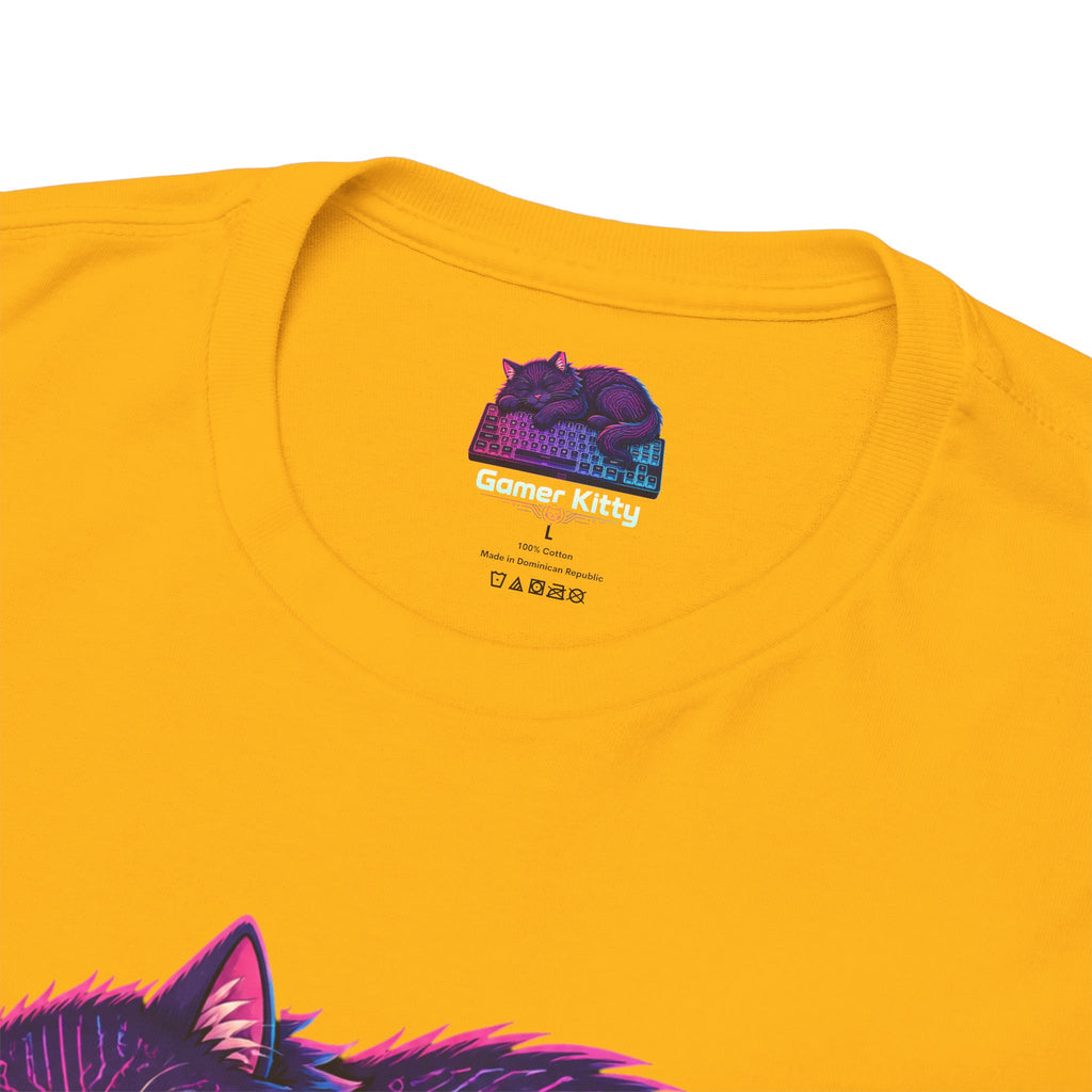 T-Shirt — Gamer Kitty Sleeping on Keyboard Retro Neon Graphic