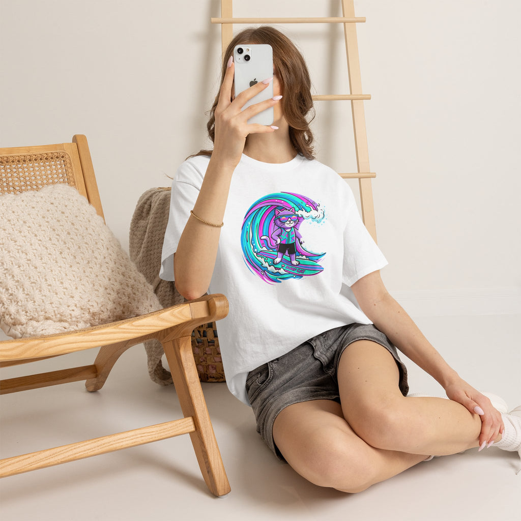 Surf Cat Graphic Tee — Neon Wave Surfing Cat Shirt