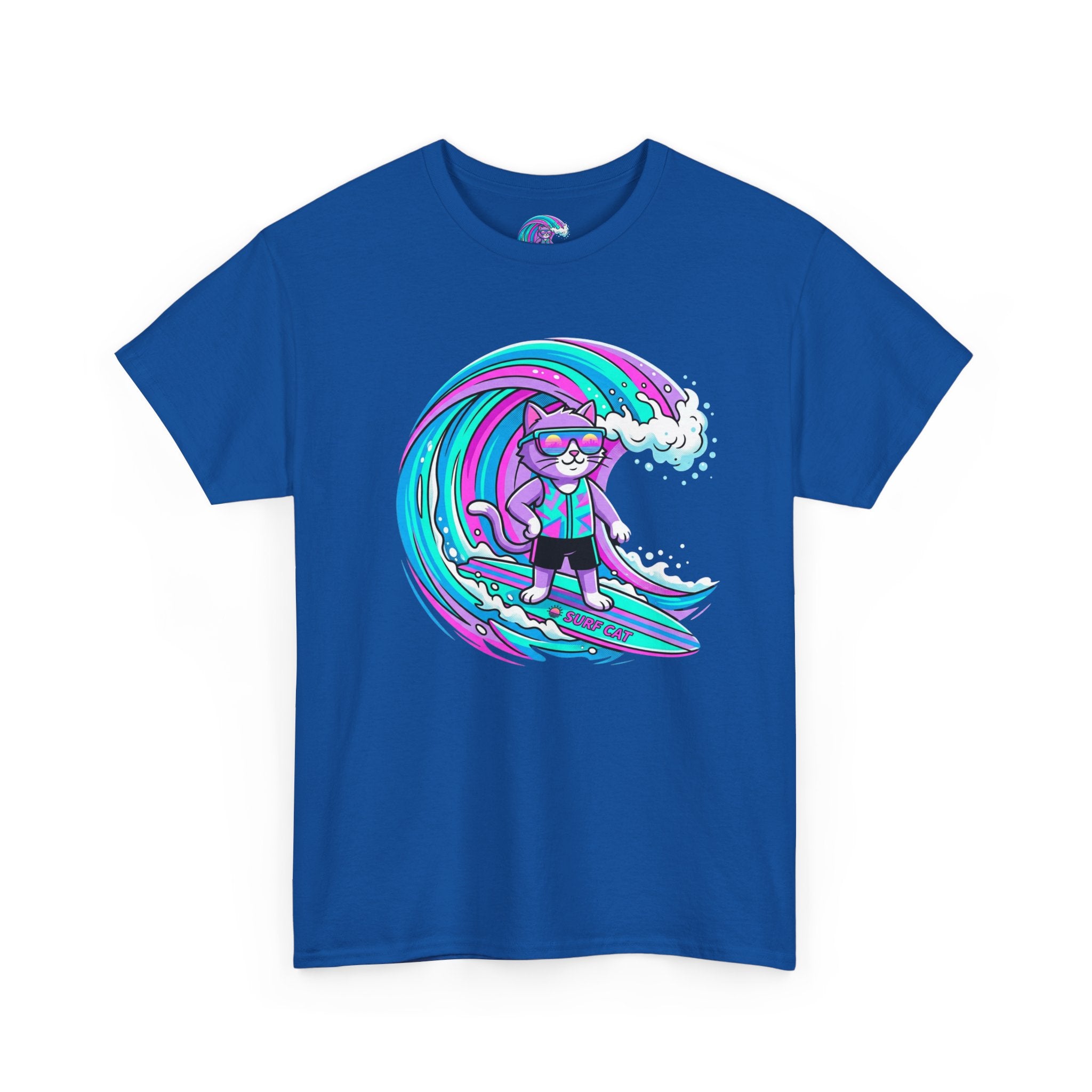 Surf Cat Graphic Tee — Neon Wave Surfing Cat Shirt