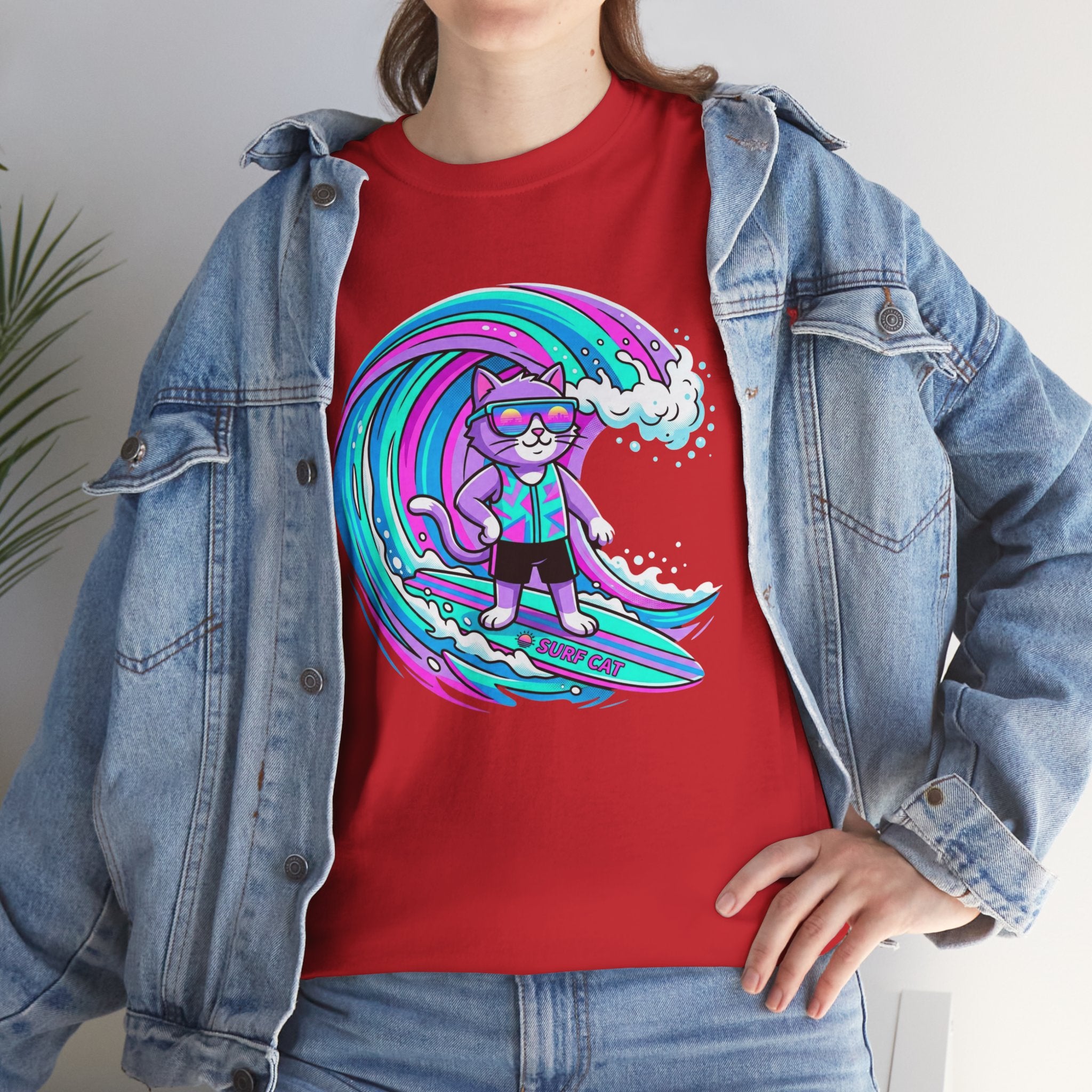 Surf Cat Graphic Tee — Neon Wave Surfing Cat Shirt