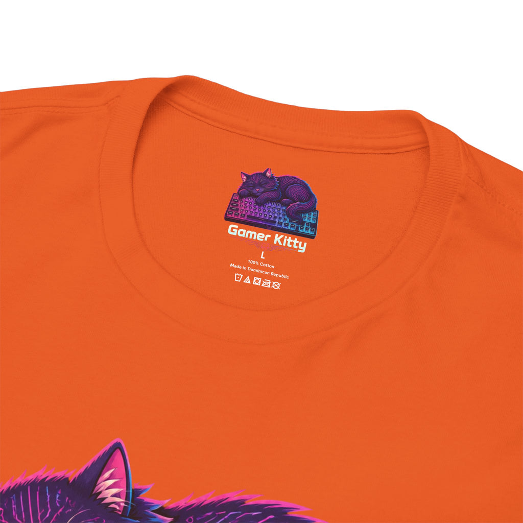 T-Shirt — Gamer Kitty Sleeping on Keyboard Retro Neon Graphic