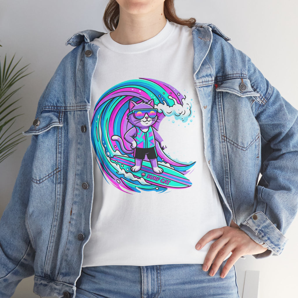 Surf Cat Graphic Tee — Neon Wave Surfing Cat Shirt