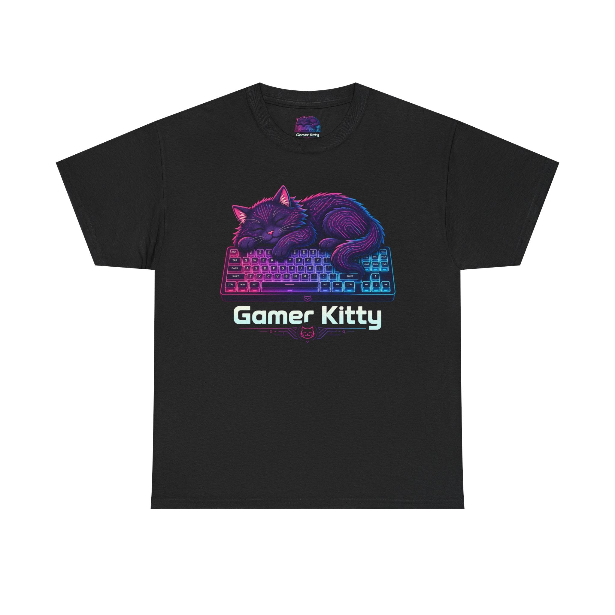 T-Shirt — Gamer Kitty Sleeping on Keyboard Retro Neon Graphic
