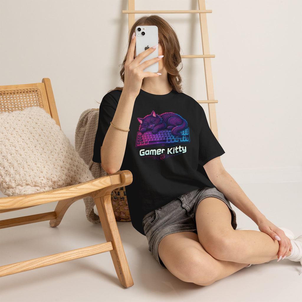 T-Shirt — Gamer Kitty Sleeping on Keyboard Retro Neon Graphic