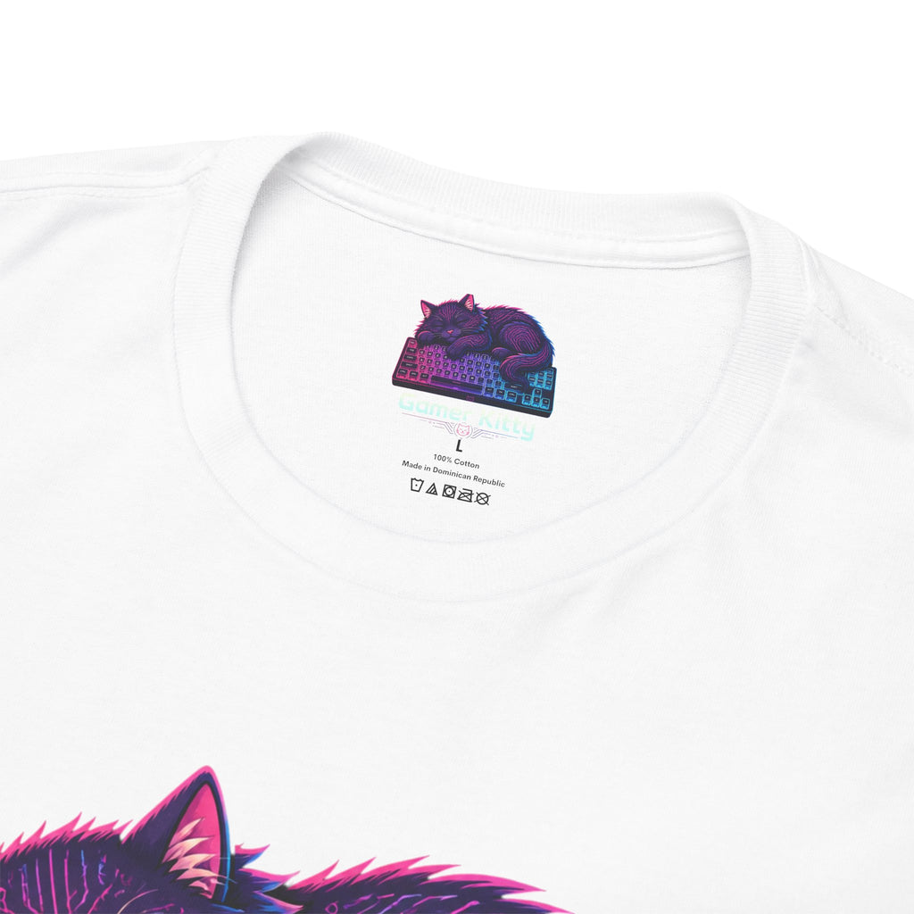 T-Shirt — Gamer Kitty Sleeping on Keyboard Retro Neon Graphic