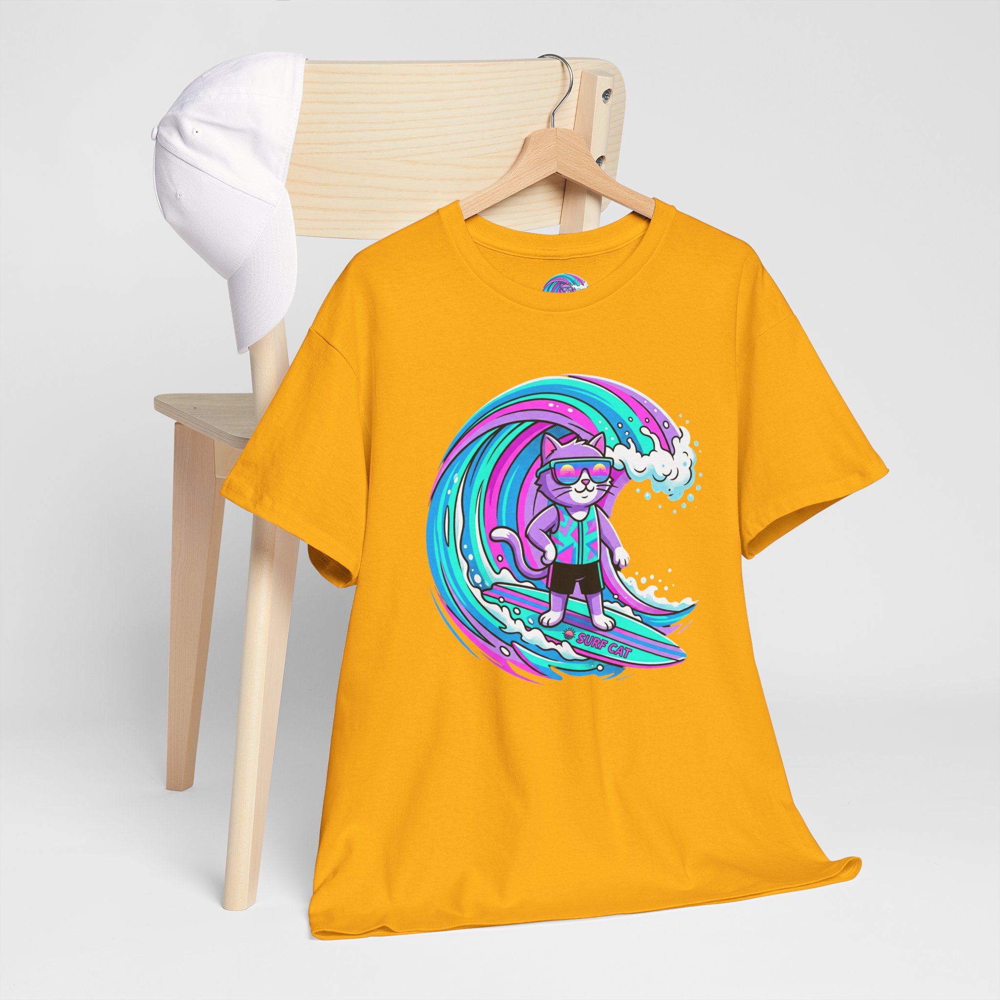 Surf Cat Graphic Tee — Neon Wave Surfing Cat Shirt