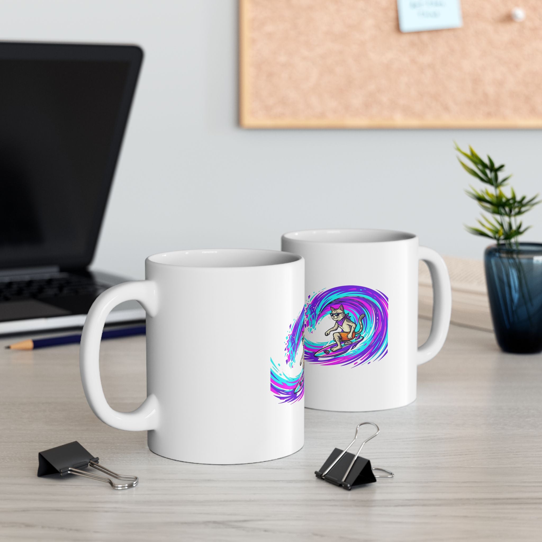 Surfing Cat Ceramic Mug — Colorful Wave Art Coffee Cup (11oz, 15oz)